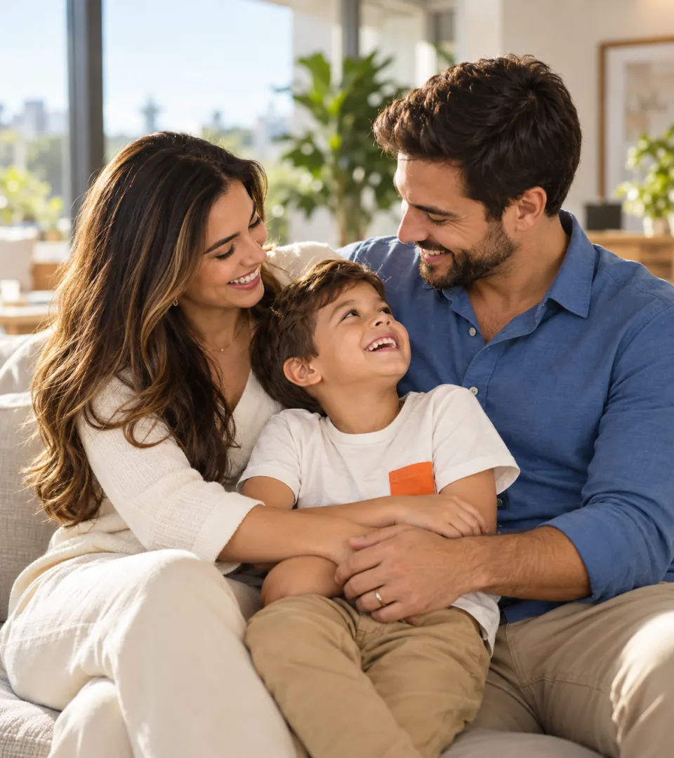 Família sorrindo abraçada no sofá de casa, protegida pelo plano de saúde Hapvida
