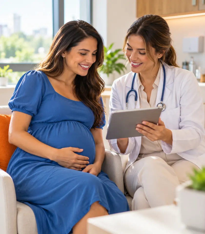 Gestante em consulta com médica no programa gratuito de medicina preventiva da Hapvida